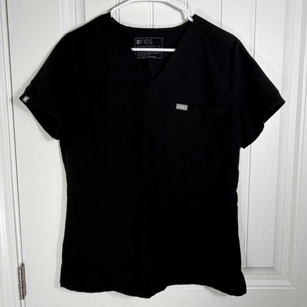 FIGS Technical Collection Black V-Neck One Pocket Scrub Top W22SW1014 Womens M